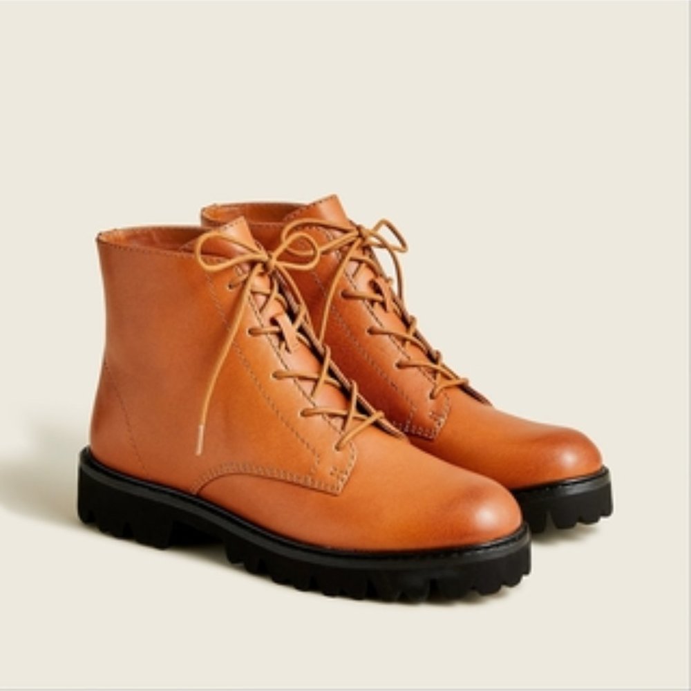 **NEW IN BOX   J Crew Gwen Lug-Sole Lace-up Boots in Polished Rich Caramel…